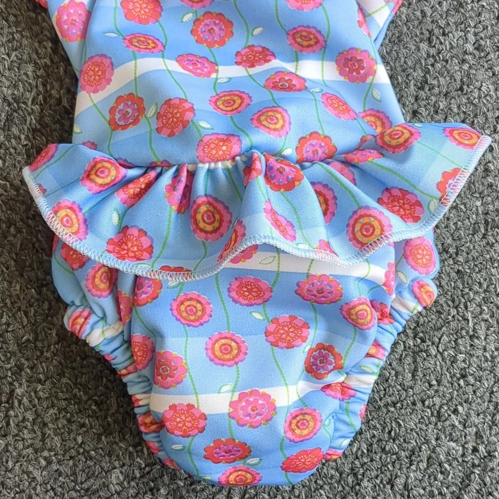 6M Striped Floral I Play One Piece Baby Swimsuit With Built-In Swim Diaper
